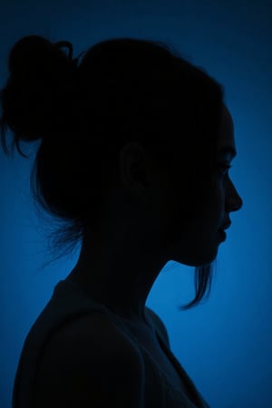 Realistic photography of a Syifa Hadju side profile, silhouette, rim light, shiny edges, micrograph, intense chiaroscuro portrait, dark blue background, white and dark blue, (Detailed Textures, high quality, high resolution, high Accuracy, realism, color correction, Proper lighting settings, harmonious composition, Behance works)