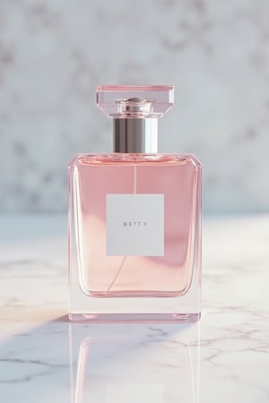 A mockup of the BETTY perfume bottle, elegant and luxurious, with a pastel color scheme. The bottle is showcased on a marble surface, softly lit from above, creating a radiant glow. The composition is centered, with the bottle slightly tilted, emphasizing its sleek design. The pastel hues blend harmoniously, enhancing the overall luxury feel.