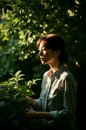 A serene head portrait of a woman, her face softly illuminated by the warm sunlight filtering through the leaves above, as she tends to her garden beneath the dark, leafy canopy of the tree. Her features are framed by the lush greenery, while scattered shadows dance across the ground, creating a sense of peaceful contemplation.,SHORT