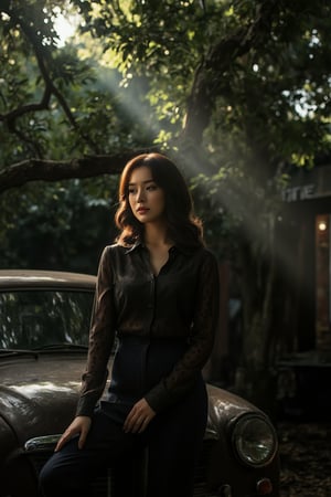 A woman's tranquil face fills the frame, positioned on the vintage automobile's hood, shrouded in the darkness beneath the ancient tree's sprawling canopy. Her attire exudes classic elegance, while the misty atmosphere and ray of soft light dancing through the leaves imbue the scene with mystique. In the background, a coffee shop's sign creaks gently in the morning breeze.,SHORT,AWA