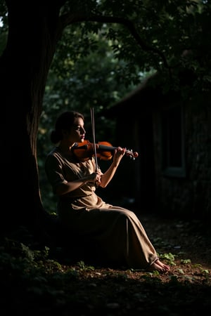 A lone woman sits beneath the gnarled branches of an ancient tree, her face aglow in the warm, short lighting that filters through the leaves. She holds a violin to her chin, its curves reflecting the gentle slope of her shoulders as she plays with tender focus. Wearing tattered, ancient attire, she seems a relic from another era. The dark, mysterious house looms behind her, its stone walls blending seamlessly into the night.,SHORT