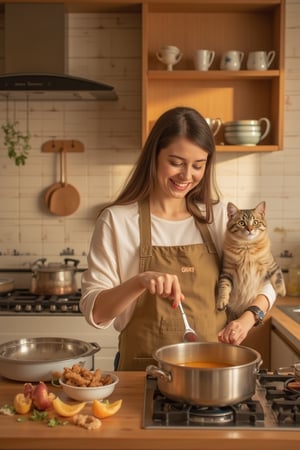 A warm and cozy kitchen scene: a happy mother, beaming with joy, stands at the counter, surrounded by mixing bowls and utensils. She's wearing a cheerful apron and a gentle smile as she carefully stirs a pot of simmering soup. Beside her, her curious cat perches on the edge of the counter, its whiskers twitching as it watches the mother's every move. Soft golden lighting illuminates the scene, with a hint of warmth from the stove, capturing the heartwarming atmosphere.