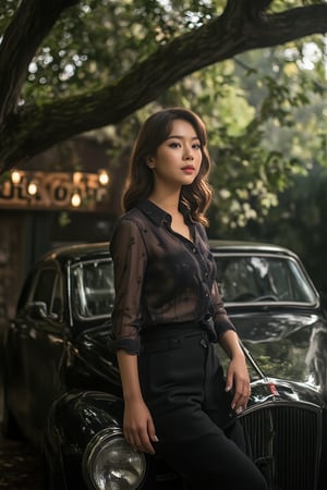 Softly lit woman's serene face dominates the frame, positioned on the vintage car's hood, enveloped by the darkness beneath the ancient tree's sprawling canopy. Her classic attire and the misty atmosphere exude mystique. A coffee shop sign creaks gently in the morning breeze behind her. Focus on her tranquil expression and the subtle interplay of light and shadow.