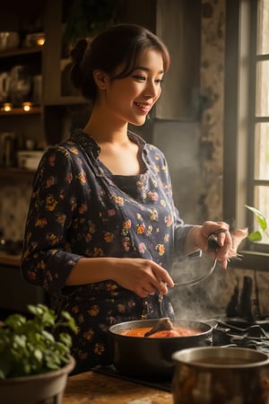 Short lighting portrait of a woman at the warm and cozy kitchen scene: a happy mother, beaming with joy, stands at the counter, surrounded by mixing bowls and utensils. She's wearing a cheerful apron and a gentle smile as she carefully stirs a pot of simmering soup. Beside her, her curious cat perches on the edge of the counter, its whiskers twitching as it watches the mother's every move. Soft golden lighting illuminates the scene, with a hint of warmth from the stove, capturing the heartwarming atmosphere.,SHORT