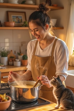 A warm and cozy kitchen scene: a happy mother, beaming with joy, stands at the counter, surrounded by mixing bowls and utensils. She's wearing a cheerful apron and a gentle smile as she carefully stirs a pot of simmering soup. Beside her, her curious cat perches on the edge of the counter, its whiskers twitching as it watches the mother's every move. Soft golden lighting illuminates the scene, with a hint of warmth from the stove, capturing the heartwarming atmosphere.