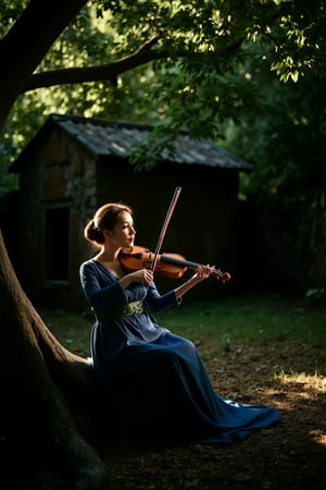 Short lighting portrait of a woman sit under the tree, playing violin, wear ancient attire, dark ancient house.,SHORT