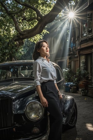 A woman's tranquil face fills the frame, positioned on the vintage automobile's hood, shrouded in the darkness beneath the ancient tree's sprawling canopy. Her attire exudes classic elegance, while the misty atmosphere and ray of soft light dancing through the leaves imbue the scene with mystique. In the background, a coffee shop's sign creaks gently in the morning breeze.,SHORT,AWA,HDR