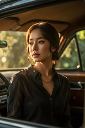 A close-up shot of a tranquil woman's face, illuminated by a warm ray of light, as she sits poised on the vintage dashboard of a classic car, shrouded in the darkness beneath a towering tree. The soft glow of morning mist envelops her, complemented by the earthy tones of the coffee shop's rustic interior. Her classic outfit exudes timeless elegance.,SHORT,AWA