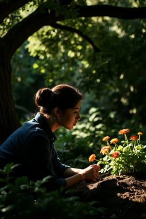 Close-up headshot of a serene woman's face, her eyes cast downward as she tends to the soil beneath the sprawling branches of a ancient tree. The dark shadow of the foliage provides a dramatic backdrop for her contemplative expression. Bright sunlight filters through the leaves above, casting dappled patterns on the ground and illuminating the vibrant flowers surrounding her. Her gentle hands hold a trowel, amidst scattered shadows on the earth..,SHORT