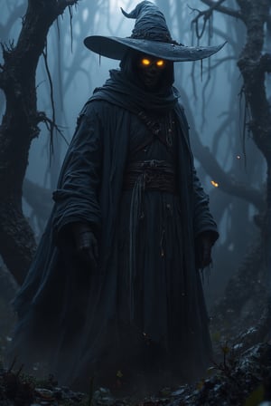 8K UHD realistic fantasy image, a masked bounty hunter black mage stands amidst a mystical swamp landscape. The hunter mage’s face is shrouded in darkness. He wears a black mage-like wizard outfit, with a witch's hat perched atop their head. The darkness shrouding their face has glowing eyes shaped with worry. The mummy's robes are weathered and tattered, revealing glimpses of the bounty hunter's skin beneath. The witch's hat adds an element of magic and mystery to the character . The scene is bathed in a cool, moon-like light, with bayous and ancient ruins in the background, creating a sense of adventure and danger.