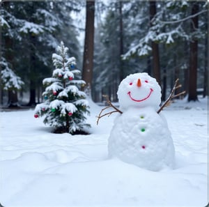 In a snow-covered forest clearing there is a smiling snowman, next to him there is a decorated Christmas tree. It's snowing lightly.