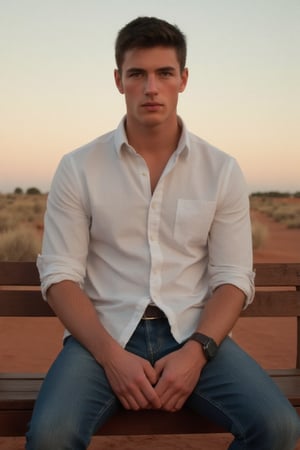 ((masterpiece)), ((best quality:1.2)), High Resolution, 8k, full body image, (ultra_realistic:1.3), (photorealistic:1.4), sharp focus, 1boy, (perfect face), wide angle, handsome outdoors, (sitting on a wooden bench:1.2), ((outback in the background, Australian outback background)), ((sunset:1.3)), sunset lighting, ((wearing a white button up work shirt:1.3)), wearing denim blue jeans, belt with a silver belt buckle, brown eyes, short hair, brown hair, ((casual hair style:1.3)), solo, 1boy, broad shoulders, toned body,gq