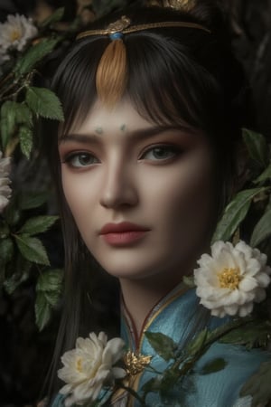 close-up of a serene Chinese warrior young woman's face in between foliage and behind flowers, wearing headdress and ancient attire blending with surrounding flora. black straight long hair. Spotlight illuminates forehead, highlighting pores and subtle wrinkles. Skin texture scrutinized, showcasing gentle complexion. Nose and cheeks cast in soft shadows, as the subject exudes tranquility in the lush flower garden.,SHORT,Xfengqinger