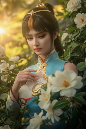 A youthful Chinese warrior stands poised, her serene expression radiating calm amidst lush foliage and vibrant blooms. The warm glow of a sun flare envelops the composition, casting a golden aura on her contemplative features. Her headdress and ancient attire blend seamlessly with the surrounding flora, as if she's grown organically from the earth. With a gentle smile, she cradles a flower in her hand, gazing lovingly at its delicate petals. A soft breeze whispers through her hair, framing her peaceful visage.