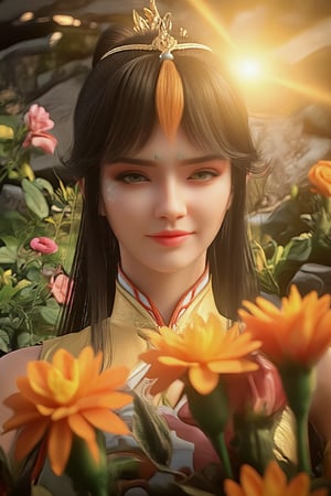 Golden sunlight illuminates the half-body portrait of a serene Chinese warrior young woman, her radiant face nestled between lush foliage and behind a tapestry of vibrant flowers. A sun flare engulfs the entire frame, casting a warm glow on her features. She wears a stunning headdress and ancient attire that blends seamlessly with the surrounding flora. Her hands cradle a bouquet of flowers, her happy face gazing adoringly at the blooms as the wind gently blows through her hair.,FLASH,REALSKIN