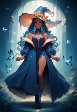 dark skin female elf witch with long black curly coily hair with blue and purple highlights. surrounded by blue flowers and blue butterflies full body,score_9, score_8_up, score_7_up,source_anime,BREAK,score_9, score_8_up, score_7_up,score_9, score_8_up, score_7_up