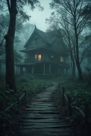 
- A decrepit, haunted house looms in a misty swamp
- A treacherous, winding wooden walkway leads to the house
- Many trees in the frame 
- The house emanates a faint, otherworldly light from within
- An atmosphere of dread and supernatural menace pervades the setting

ancient haunted Thai house and Thai woman ghost.