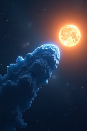 Realistic, movie scene, 8K, HD, high-resolution, super detailed 16K masterpiece in Ultra HD. A blue giant comet dominates the scene, its massive size and glowing tail creating a dramatic presence. In the background, the sun is prominently visible, its golden light contrasting with the deep black of space. The composition captures the awe-inspiring beauty of the comet and the radiant presence of the sun, creating a captivating and otherworldly scene. The comet's intricate details and the majestic presence of the sun are highlighted, making the scene both realistic and mesmerizing.