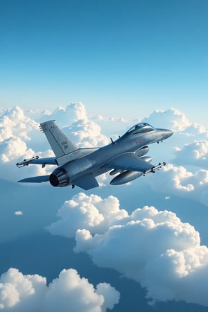 Realistic, movie scene, 8K, HD, high-resolution, super detailed 16K masterpiece in Ultra HD. The scene captures an F-16 fighter jet soaring majestically above the clouds, with a vast blue sky as its backdrop, in Southeast Asia, 2024. The jet's sleek form contrasts with the fluffy white clouds below, as it glides effortlessly through the sky. The composition highlights the jet's intricate details and the serene beauty of the cloudscape, creating a dynamic and engaging scene. The Southeast Asia setting adds depth and a sense of place.