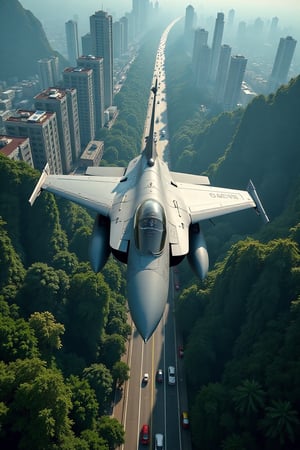 Realistic, movie scene, 8K, HD, high-resolution, super detailed 16K masterpiece in Ultra HD. The scene captures an F-16 fighter jet soaring majestically above an urban area and dense forest in Thailand, 2024. The jet's sleek form contrasts with the bustling cityscape and lush greenery below, as it flies over towering buildings, busy streets, and thick foliage. Dappled sunlight filters through the canopy, casting soft shadows on the ground. The composition highlights the jet's intricate details and the dynamic interplay between the urban and natural environments, creating a captivating and engaging scene. The Thailand setting adds depth and a sense of place.