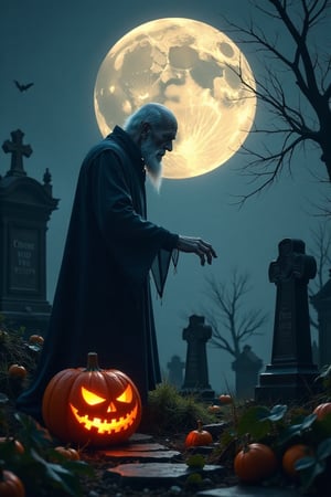 Realistic, 8K, HD, high-resolution image of an old ghost man in a graveyard, with a pumpkin and full moon creating a spooky atmosphere. The scene is illuminated by the eerie glow of the full moon, casting long shadows across the tombstones and mausoleums. The old ghost man, depicted with intricate details and translucent form, stands hauntingly amidst the graves. A pumpkin sits prominently in the foreground, adding to the Halloween theme. The composition captures the whimsical and haunting nature of the Halloween theme, with the full moon creating a captivating and otherworldly backdrop.