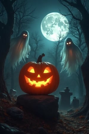 A large, glowing pumpkin sits on a tombstone in a forest graveyard, surrounded by ghostly apparitions. The full moon shines brightly overhead, casting an eerie light on the scene. The composition is centered around the pumpkin, with the ghosts floating around it and the moon providing a dramatic backdrop. The forest is dense, with twisted trees and foggy atmosphere, enhancing the spooky mood.