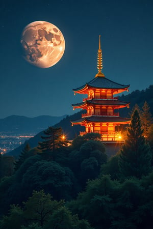 Realistic, movie scene, 8K, HD, high-resolution, super detailed 16K masterpiece in Ultra HD. The golden pagoda stands majestically in the foreground, with the deep forest as its backdrop. The night sky is filled with stars, and Jupiter is prominently visible, its large size and distinctive bands adding to the celestial beauty. Soft, warm light from the pagoda creates a serene atmosphere, casting gentle shadows on the surrounding foliage. The composition highlights the pagoda's intricate details and the majestic presence of Jupiter, creating a captivating and serene scene.