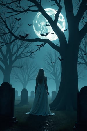 Realistic, 16K, Ultra HD. The image depicts an American woman ghost standing beside tombstones amidst many trees, with bats swirling around the tree, creating eerie shadows in the moonlight. The bats' wings add a sense of mystery, casting an otherworldly light. Above, a full moon bathes the entire scene in a cold, silver glow, illuminating the scene with a mystical atmosphere. The composition captures the dynamic and engaging nature of the supernatural environment, creating a realistic and detailed scene.