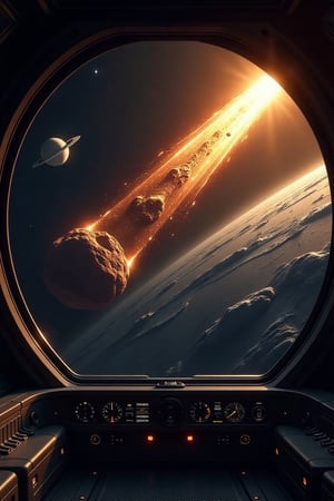 Realistic, movie scene, 8K, HD, high-resolution, super detailed 16K masterpiece in Ultra HD. A giant comet dominates the scene, its massive size and glowing tail creating a dramatic presence. From the perspective of a spaceship, Venus is prominently visible, its golden hue contrasting with the deep black of space. The composition captures the awe-inspiring beauty of the comet and the distant presence of Venus, creating a captivating and otherworldly scene. The comet's intricate details and the majestic presence of Venus are highlighted, making the scene both realistic and mesmerizing. The spaceship's interior, with its high-tech instruments and controls, adds depth and a sense of exploration.