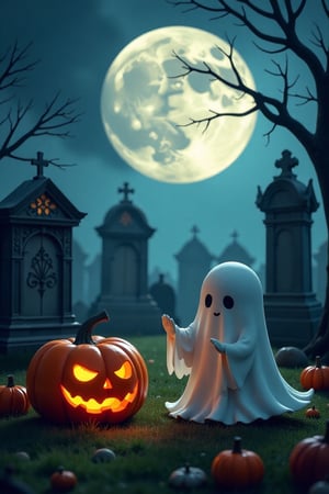 Realistic, 8K, HD, high-resolution image of two ghosts and a pumpkin in a graveyard, with a full moon creating a spooky atmosphere. The scene is illuminated by the eerie glow of the full moon, casting long shadows across the tombstones and mausoleums. The ghosts, depicted with intricate details and translucent forms, are engaged in various activities. A pumpkin sits prominently in the foreground, adding to the Halloween theme. The composition captures the whimsical and haunting nature of the Halloween theme, with the full moon creating a captivating and otherworldly backdrop.