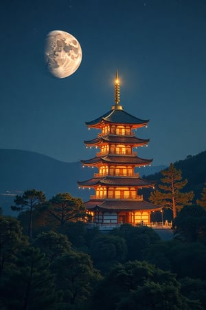 Realistic, movie scene, 8K, HD, high-resolution, super detailed 16K masterpiece in Ultra HD. The golden pagoda stands majestically in the foreground, with the deep forest as its backdrop. The night sky is filled with stars, and a UFO hovers above, casting a soft glow. Jupiter is prominently visible, its large size and distinctive bands adding to the celestial beauty. Soft, warm light from the pagoda and the UFO creates a serene atmosphere, casting gentle shadows on the surrounding foliage. The composition highlights the pagoda's intricate details and the mystical presence of the UFO and Jupiter, creating a captivating and otherworldly scene.