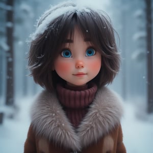  3D cartoon closeup photo portrait of short hair, blue yeys, brown, a woman wearing luxuring fur coat, fur clothing, winter, in a forest, snowfall