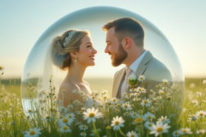 ultra-detailed, double exposure  .  The young bride and groom are inside of big sphere . they smile and look at each other.    There is a chamomile field around a blade of grass.