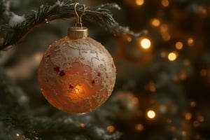  A photo of a Christmas ornament, a detailed glass bauble with gold and red accents, hanging from a pine tree branch, decorated with soft white lights and snow, warm indoor lighting, cozy festive atmosphere,  