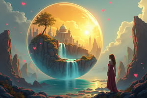 Hyper-realistic hand drawn digital painting of a fantasy world enclosed in a glowing crystal sphere. The sphere is suspended in the air and contains a majestic city with a white dome and a large tree. The sky inside the sphere is flooded with yellow and fiery orange colors. A cascading waterfall flows into a serene lake surrounded by rocky cliffs. Outside the sphere stands the figure of a woman looking out over the magical world. Small neon pink hearts are depicted in the background.

Translated with DeepL.com (free version)