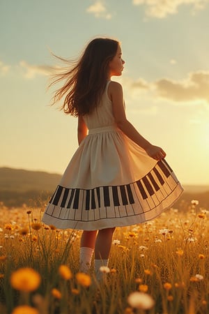 Girl in a dress, wide skirt, pattern on the skirt in the form of piano keys, flower meadow, warm sunny light