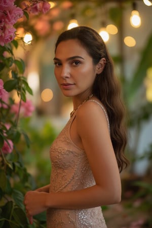 A soft focus shot frames the enchanting long-haired woman, draped in luxurious attire, as she stands poised against a whimsical backdrop of glowing lights, vibrant blooms, and verdant foliage, with delicate petals scattering around her feet, casting a warm glow on her serene expression. Her tranquil pose exudes serenity, while the dreamy atmosphere imbues her with timeless elegance and captivating allure.