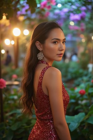 A soft focus shot frames the enchanting long-haired woman, draped in luxurious attire, as she stands poised against a whimsical backdrop of glowing lights, vibrant blooms, and verdant foliage. Her tranquil pose exudes serenity, while the dreamy atmosphere imbues her with timeless elegance and captivating allure.