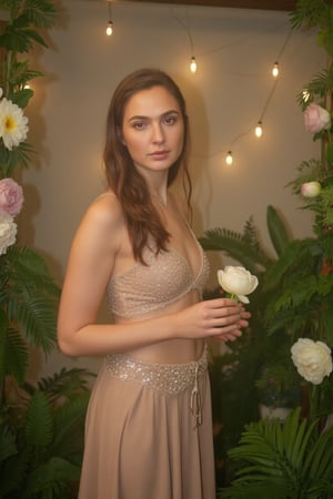 A soft focus shot captures the captivating long-haired woman, draped in luxurious attire, standing poised against a whimsical backdrop of glowing string lights, lush peonies, and verdant ferns. Her tranquil pose, hands cradling a delicate flower, exudes serenity as the dreamy atmosphere wraps her in timeless elegance and captivating allure.