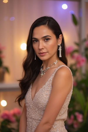 Mesmerizing portrait of a stunning long-haired woman, draped in elegant attire, posing with refined poise against a dreamy backdrop of softly glowing lights, vibrant flowers, and lush greenery. Her serene countenance radiates timeless elegance and captivating charm as she stands amidst the ethereal ambiance.