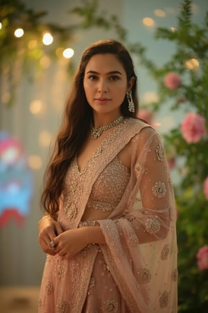 A majestic portrait of the ravishing long-haired woman, draped in opulent attire, assumes a statuesque pose against a whimsical backdrop of softly luminescent orbs, verdant foliage, and riotous blooms, as she exudes serenity amidst an ethereal atmosphere, her timeless elegance and captivating charm radiating like a beacon in the dreamy light.