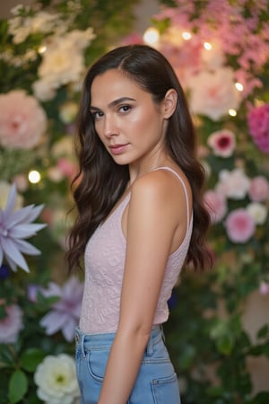 Mesmerizing portrait of a stunning long-haired woman, elegantly attired, posing with poise against a dreamy backdrop of softly glowing lights, vibrant flowers, and lush greenery. The serene beauty is set amidst an ethereal ambiance, showcasing her timeless elegance and captivating charm.