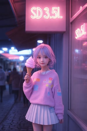 In a bustling, neon-lit urban scene, a cute girl with sparkling, mischievous eyes stands confidently beneath a vibrant sign that flickers with the bold inscription "SD3.5L." Her playful outfit showcases a mix of pastel colors, with a fluffy pink sweater adorned with colorful patches and a pleated skirt that dances around her knees. Cascading waves of soft, lavender hair frame her cherubic face, and she holds a delicate, ice cream cone topped with swirls of cotton candy-flavored goodness, the scent wafting joyfully in the warm evening air. 

Around her, the street is alive with energy; the sounds of laughter and chatter mingle harmoniously with the distant music from nearby cafés. Stray cats lazily stretch on the cobblestone ground, while a gentle breeze playfully tousles her hair. Above, the neon lights of the sign shimmer and pulse, reflecting the vibrant atmosphere of the city, igniting a sense of youthful excitement and wonder.