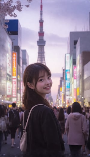 masterpiece, best quality, realistic, realistic lighting, 8K, HDR, 1girl, solo, 27yo,brown hair, upper body, looking at viewer, smile, soft light,hair accessories,A vibrant Tokyo cityscape at dusk, with neon lights ablaze, bustling streets filled with people, cherry blossoms gently falling, and the iconic Tokyo Tower silhouetted against a deep purple sky.