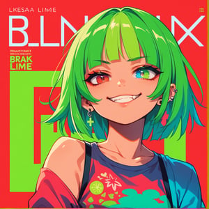 score_9, score_8_up, score_7_up,source_anime,BREAK, Vibrant pastel colors, limited_palette, restricted_palette, 1girl, smug, piercing neon eyes, Neon, magazine_cover, bright lime green hair, flat red background, head_tilt, heterochromia, 