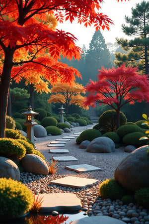 A serene Japanese Zen garden, bathed in the golden hues of autumn. The garden features meticulously raked gravel, elegant stone lanterns, and carefully placed boulders. Surrounding trees display vibrant red, orange, and yellow leaves, creating a harmonious, tranquil atmosphere. The scene is framed with a central stone path leading to a small, tranquil pond, reflecting the autumnal colors. The composition captures the peaceful, meditative beauty of the Zen garden in the heart of autumn.