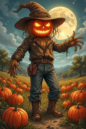 vibrant Konami art style illustration of a scarecrow standing amidst a field of pumpkins, celebrating Halloween. The scarecrow wears a tattered hat and old clothes, with a pumpkin head featuring a mischievous grin. The scene is set in a rural landscape, with a full moon casting an eerie glow over the field. The scarecrow is animated, with one arm raised in a playful wave. Soft, warm lighting highlights the scarecrow's rustic details and the festive atmosphere. The composition is dynamic, with the scarecrow slightly off-center, capturing the charm and spookiness of Halloween.