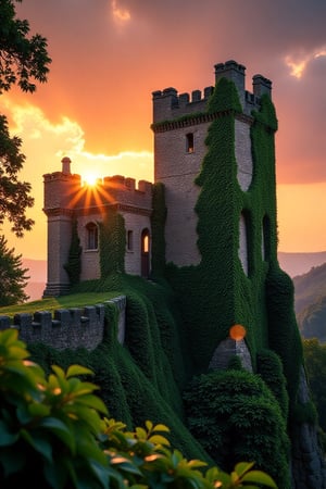 An ancient castle, draped in lush ivy, appears even more majestic under the setting sun. The castle's stone walls are covered in verdant greenery, creating a timeless, enchanting atmosphere. The sun casts a warm, golden glow over the scene, highlighting the intricate details of the ivy-covered architecture. The scene is framed with the castle in the foreground, its silhouette majestic against the vibrant, fiery sky. The composition captures the serene, awe-inspiring beauty of the ancient castle bathed in the setting sun's light.