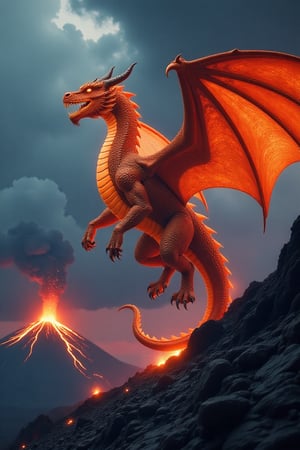 A majestic fiery dragon, wings outstretched, soaring in the sky above an erupting volcano. The dragon's scales shimmer with molten hues, contrasting against the dark, stormy clouds. The volcano spews lava and ash, creating a dramatic, fiery backdrop. The scene is framed with the dragon in the foreground, its powerful form dominating the composition, with the volcano's eruption adding dynamic movement and intense lighting.