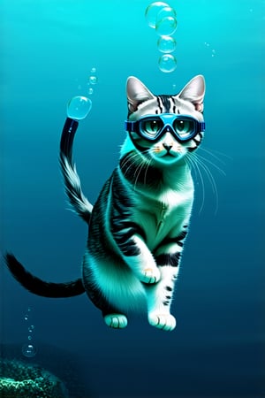 德文貓,green eyes, full body, grey background, gradient, gradient background, no humans, animal, cat, realistic, animal focus,  water, bodysuit, goggles, bubble, watch, underwater, air bubble, swimming, diving mask, snorkel, wetsuit, diving